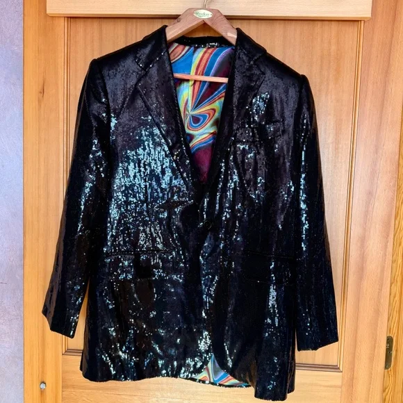 Men’s Black Sequin Blazer Jacket Made in USA Large 42R Disco Eras Tour NYE